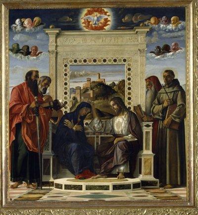 Coroação da Virgem com as SS. Paulo, Pedro, Jerônimo e Francisco de Assis com cenas da vida dos santos no painel de predella, conhecido como o retábulo 