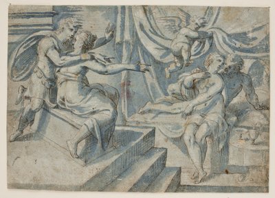 Um casal apaixonado em uma cama é revelado por um putto a um soldado romano e sua esposa de Giovanni Bellini