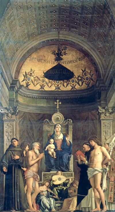 Madonna e criança entronizado entre SS. Francisco, João Batista, Jó, Domingos, Sebastião e Luís (o Retábulo de São Giobbe) c.1487 (para detalhes ver 61101 e 276359) de Giovanni Bellini