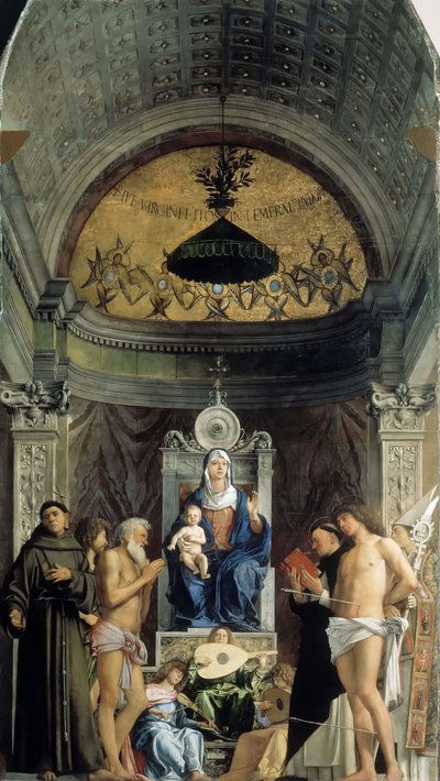Madonna e Child, anjos musicais e os Santos Francisco, João Batista, Jó, Domingos..., ca. 1487 de Giovanni Bellini