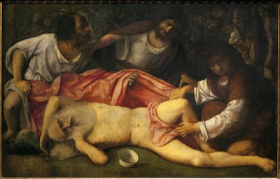 A embriaguez de Noé (Noé, bêbado, é descoberto nu pelos seus três filhos, Sam e Japhet, que querem cobrir o pai, são detidos pelo vilão Cham, cujos descendentes serão os malditos cananeus) - Pintura de Giovanni Bellini (ca. 1430-1516), oi de Giovanni Bellini