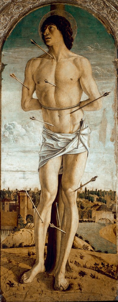 Políptico de São Vicente Ferrier: São Sebastião (Políptico de São Vicente Ferrer: São Sebastião) Pintura de Giovanni Bellini dit il Giambellino (ca. 1432-1516) 1464-1468 Dim 167x67 cm Veneza Chiesa dei Santi Giovanni e Paolo de Giovanni Bellini