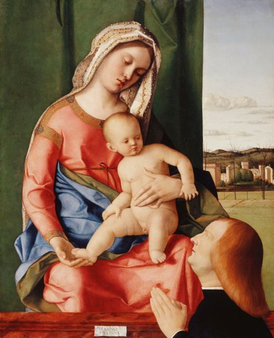 A Madonna e a Criança com um Doador Masculino, uma paisagem além, de Giovanni Bellini