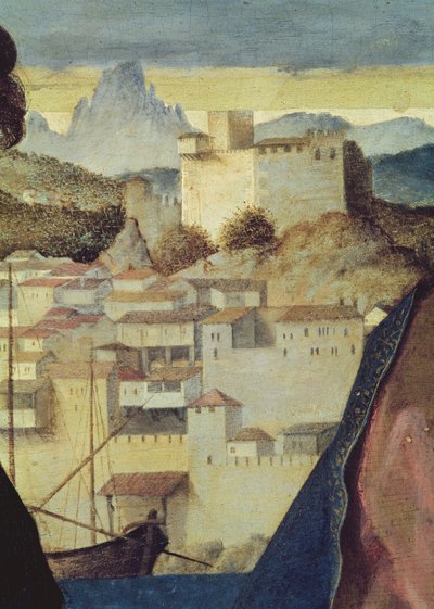 Virgem e criança entre São João Batista e uma santa feminina, detalhe da paisagem por trás, c.1504 (detalhe de 161539) de Giovanni Bellini