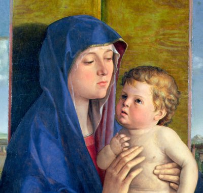 Virgem do óleo de pêra no detalhe do painel de 76900 de Giovanni Bellini