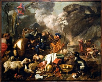 O Sacrifício de Noé após o Dilúvio Pintura de Giovanni Benedetto Castiglione dit il Grechetto (1610-1665) Genes do século XVII, Musei di Strada Nuova de Giovanni Benedetto Castiglione