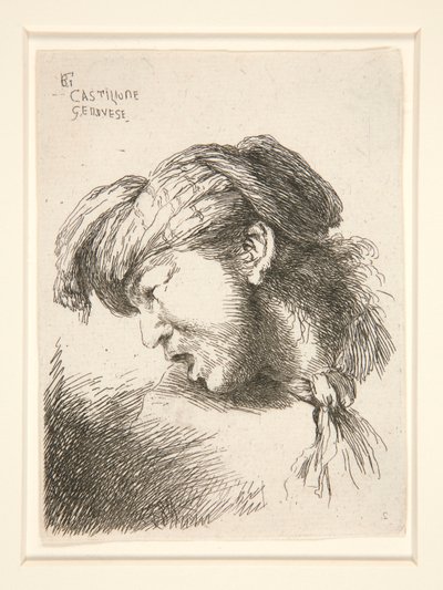 Um Homem sem Barba, visto de perfil e virado à direita. Sua boca está aberta como se fosse gritar, da série Les petites tetes d de Giovanni Benedetto Castiglione