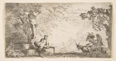Um sátiro reclinado ao pé de um staute de Priapus, cabras à direita, ca. 1645-48. de Giovanni Benedetto Castiglione