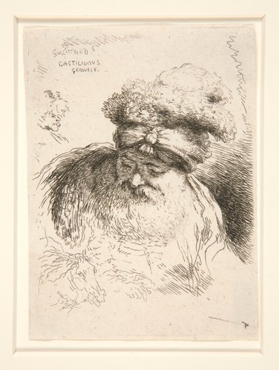 Um velho com uma grande barba, visto de frente, com a cabeça e os olhos abaixados, da série Les petites tetes d de Giovanni Benedetto Castiglione