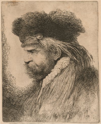 Homem barbudo com gorro de pele, virado para a esquerda de Giovanni Benedetto Castiglione