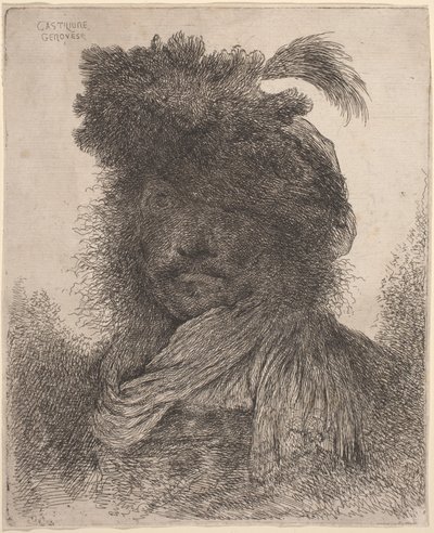 Homem barbudo com rosto sombreado, usando um lenço e um chapéu emplumado de Giovanni Benedetto Castiglione