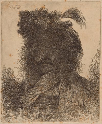 Homem barbudo com rosto sombreado, usando um lenço e um chapéu emplumado de Giovanni Benedetto Castiglione