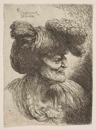 Busto de velho sem barba de perfil voltado para a direita, da série Small Head ..., ca. 1645-1650. de Giovanni Benedetto Castiglione