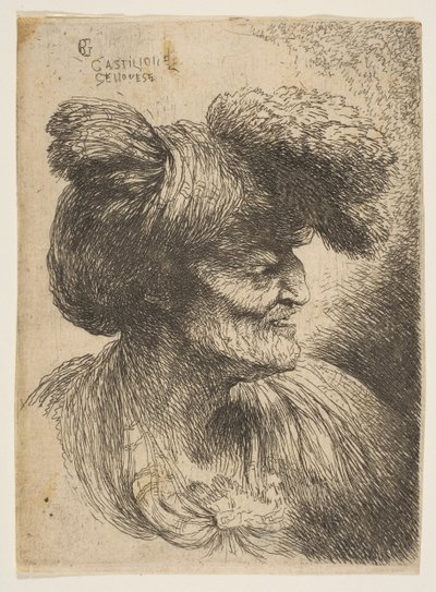 Busto de velho sem barba de perfil voltado para a direita, da série Small Heads ..., ca. 1645-50. de Giovanni Benedetto Castiglione