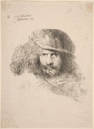Cabeça de um jovem com um chapéu de penas (o chamado autorretrato) de Giovanni Benedetto Castiglione