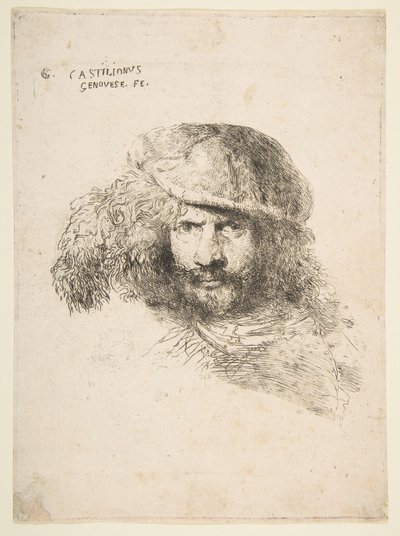 Cabeça de um homem vestindo um boné de penas, possivelmente Bernini, possivelmente um auto-retrato ..., ca. 1645-1650. de Giovanni Benedetto Castiglione