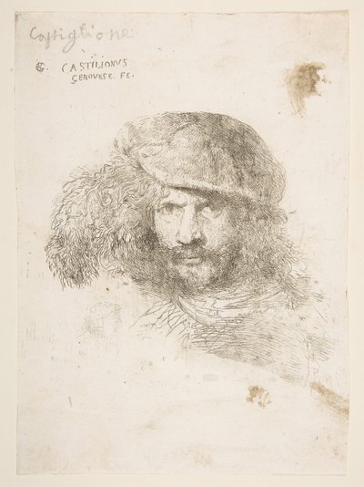 Cabeça de um homem vestindo um boné de penas, possivelmente Bernini, possivelmente um auto-retrato ..., ca. 1645-1650. de Giovanni Benedetto Castiglione