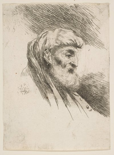 Cabeça de um velho barbudo virado para a direita, da série Small Heads in Orien ..., ca. 1645-1650. de Giovanni Benedetto Castiglione