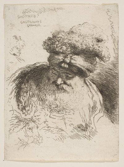 Cabeça de um velho barbudo com um turbante, da série Small Heads in Orie ..., ca. 1645-1650. de Giovanni Benedetto Castiglione