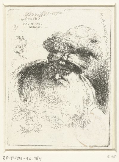 Cabeça de um velho com um chapéu Pequeno estudo de cabeças com chapelaria oriental (título da série) de Giovanni Benedetto Castiglione