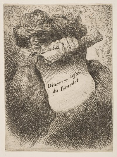 Homem segurando um pergaminho na frente do rosto, da série Small Heads em Ori ..., ca. 1645-1650. de Giovanni Benedetto Castiglione