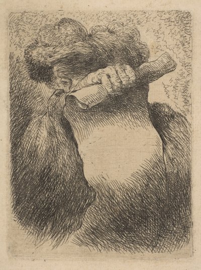 Homem segurando um pergaminho na frente do rosto, da série Small Heads em Orien ..., ca. 1645-50. de Giovanni Benedetto Castiglione