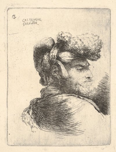 Homem de perfil virado para a direita, usando um chapéu de pele, da série Small Heads in Or ..., ca. 1645-1650. de Giovanni Benedetto Castiglione