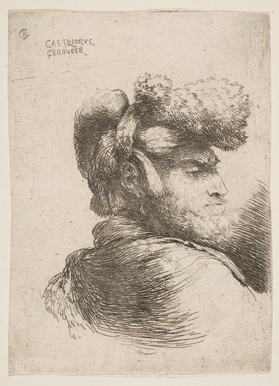 Homem de perfil virado para a direita, usando um chapéu de pele, da série Small Heads in Or ..., ca. 1645-1650. de Giovanni Benedetto Castiglione
