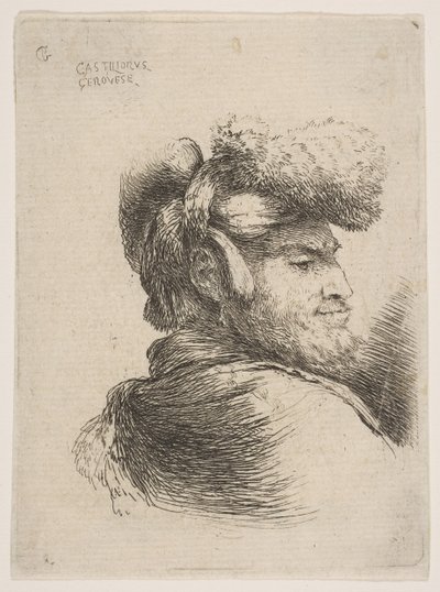 Homem de perfil virado para a direita, usando um chapéu de pele, da série Small Heads in Orie ..., ca. 1645-50. de Giovanni Benedetto Castiglione
