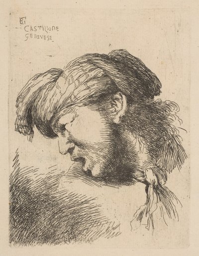 Homem de turbante, gravata presa ao pescoço, virada para a esquerda, da série ..., ca. 1645-50. de Giovanni Benedetto Castiglione