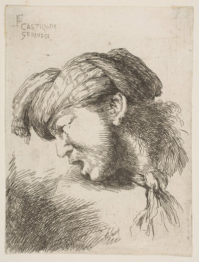Homem de turbante, gravata presa ao pescoço, virada para a esquerda, da série de ..., 1645-1650. de Giovanni Benedetto Castiglione