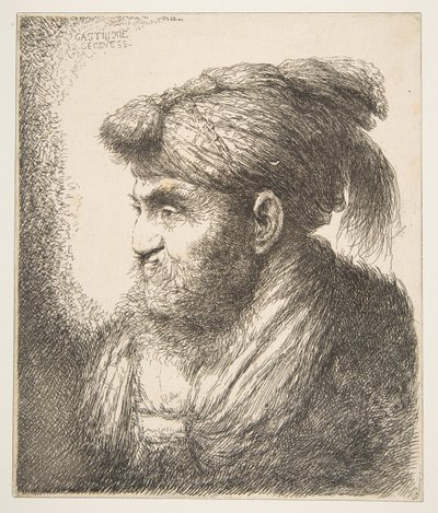 Homem usando um turbante voltado para a esquerda, da série Large Large Heads, ca. 1645-50. de Giovanni Benedetto Castiglione