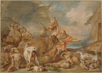 Noé conduzindo os animais para dentro da arca de Giovanni Benedetto Castiglione
