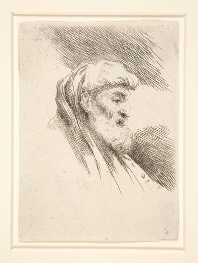 Velho de barba comprida, de perfil, virado para a direita, da série Les petites têtes d