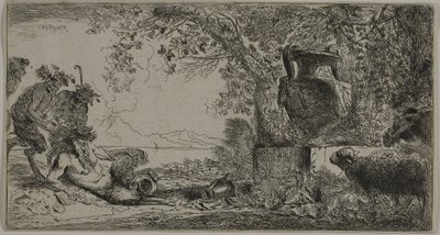 Pan reclinada diante de um grande vaso de Giovanni Benedetto Castiglione