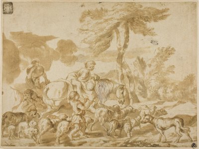 Família camponesa com ovelhas e cães de Giovanni Benedetto Castiglione