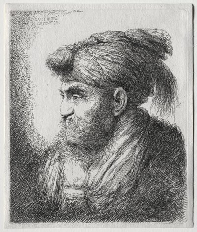 As grandes cabeças de homens em cocar oriental: um homem quase de perfil e virado para a esquerda de Giovanni Benedetto Castiglione
