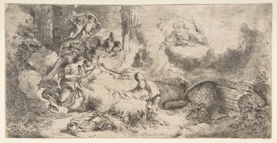 A Virgem e o Menino, Deus, o pai, canto superior direito, anjos à esquerda, ca. 1647-50. de Giovanni Benedetto Castiglione