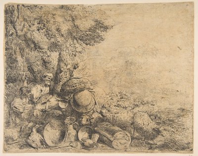 Dois pastores, um burro e outros animais em uma paisagem, ca. 1638-1640. de Giovanni Benedetto Castiglione