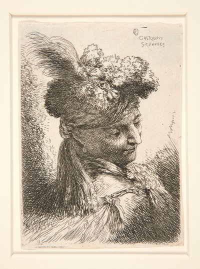 Jovem sem barba, visto na vista 3/4, virado para a direita, olhando para baixo, a partir da série Les petites tetes, d de Giovanni Benedetto Castiglione