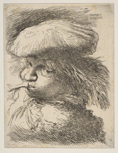 Jovem com uma trombeta voltada para a esquerda, da série Small Heads in Oriental ..., ca. 1645-1650. de Giovanni Benedetto Castiglione