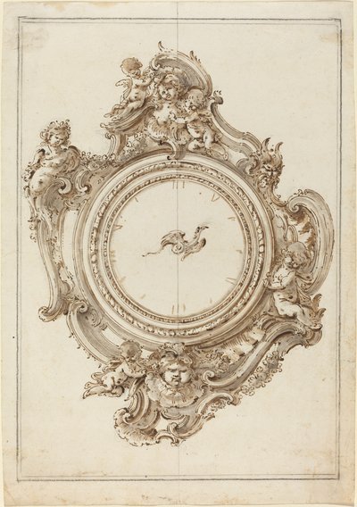 Um relógio rococó com sirenes, putti, máscaras e um ponteiro de ave do paraíso de Giovanni Bettati