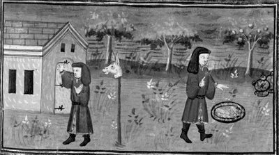 Decameron, Frédéric bate à porta de Madame Tessa; o homem encontra comida e vinho debaixo de um pessegueiro. Sétimo dia, conto 1 de Giovanni Boccaccio