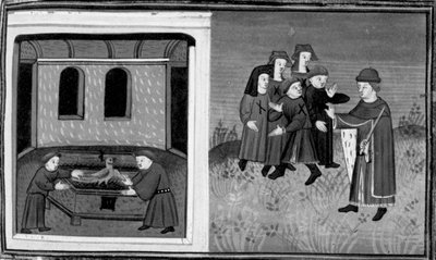 Decameron, Giovanni del Bragoniera e Biagio Pizzini roubam a relíquia ao irmão Ciboule; o frade marca as roupas dos aldeões com as brasas. Dia 6, notícia 10 de Giovanni Boccaccio