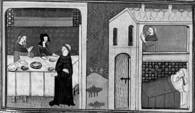 Decameron, Don Felice é convidado para a mesa de Frei Puccio; Don Felice está na cama com a mulher de Puccio. Terceiro dia, conto 4 de Giovanni Boccaccio