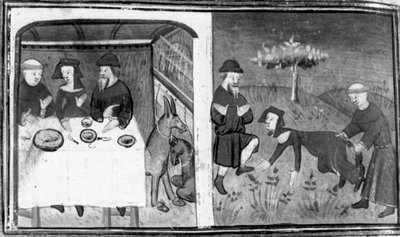 Decameron, Gianni di Barolo está sentado à mesa com Pietro da Tresanti e a sua mulher; Gianni tenta atar a cauda da mulher. Dia 9, conto 10 de Giovanni Boccaccio