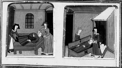Decameron, a mulher de Mazzeo acredita que o seu amante está morto; a mulher esconde o corpo num baú. Quarto dia, conto 10 de Giovanni Boccaccio