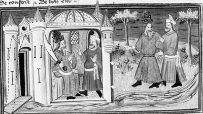 Decameron, Melquisedeque conta a Saladino a parábola dos três anéis; os dois homens tornam-se amigos. Primeiro dia, conto 3. de Giovanni Boccaccio