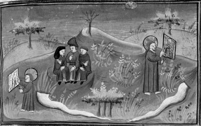 Decameron, Michele Scalza conversa com os seus amigos; Deus criança aprende a desenhar; Deus adulto mostra um projeto concluído . Sexto dia, conto 6 de Giovanni Boccaccio