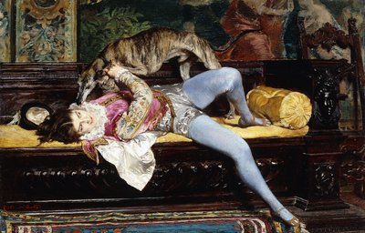 Uma página jovem, brincando com um galgo; Uma página jovem, brincando com um galgo, 1869 de Giovanni Boldini